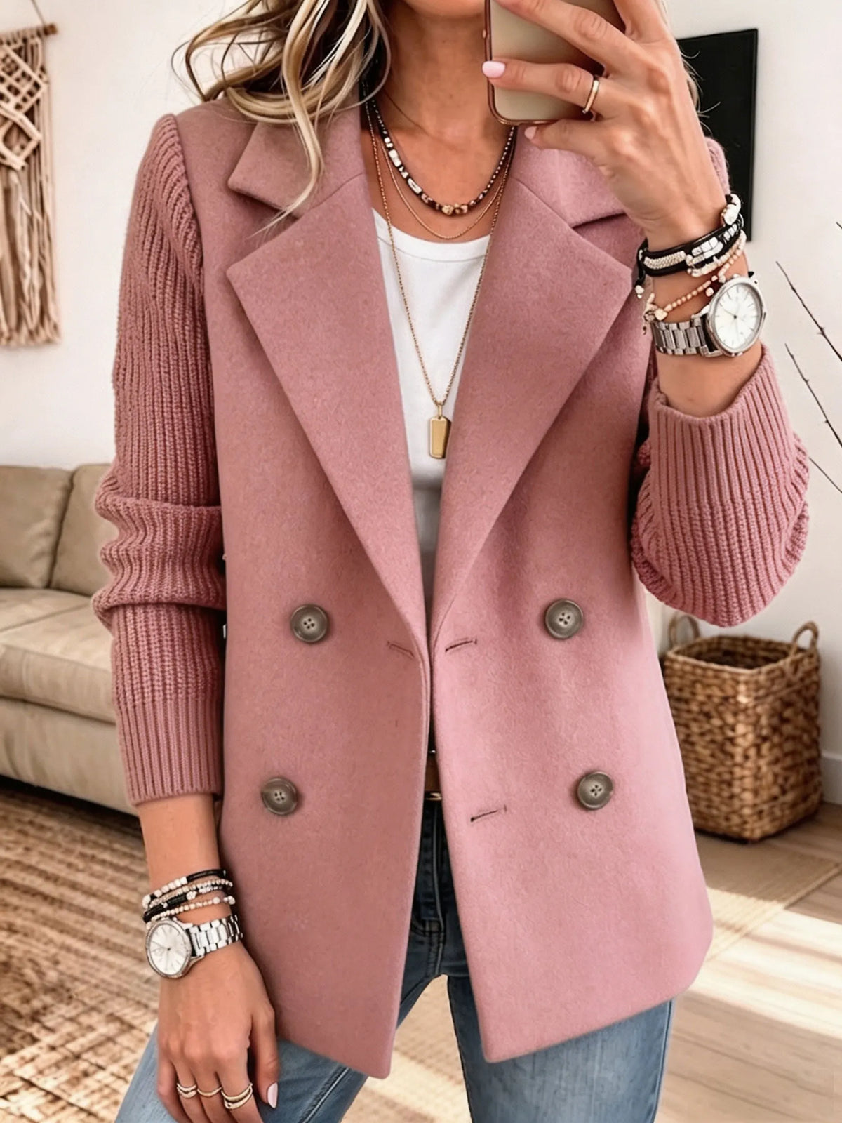 Carla | Blazer Élégant à Manches en Maille, rose poudré