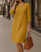 Iris | Robe Midi Fluide Effet Ventre Plat - Jaune Moutarde