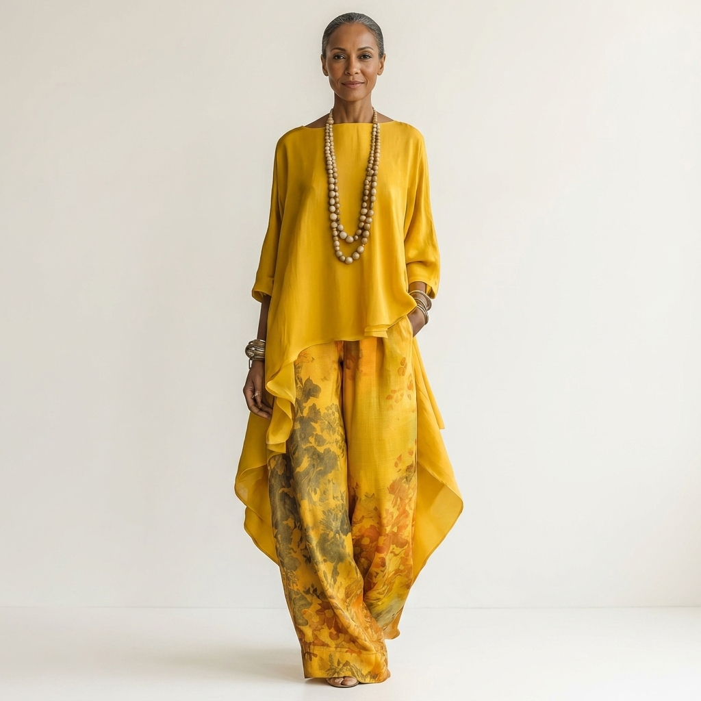 Maya | Ensemble Asymétrique en Coton et Soie - Jaune Moutarde