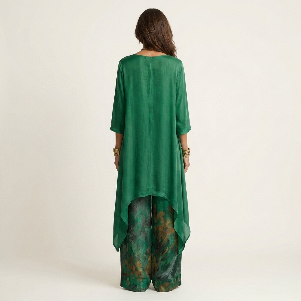 Maya | Ensemble Asymétrique en Coton et Soie - Vert Émeraude, vue de dos
