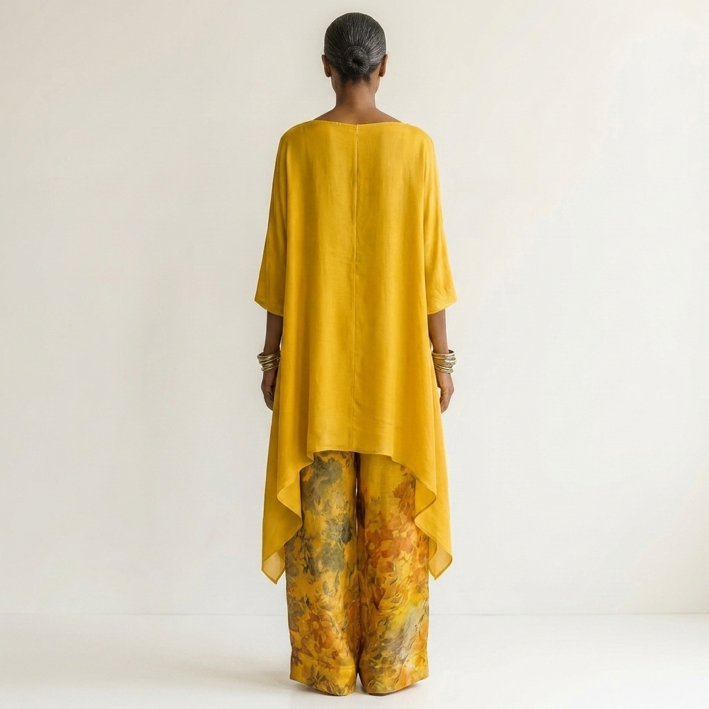 Maya | Ensemble Asymétrique en Coton et Soie - Jaune Moutarde, vue de dos