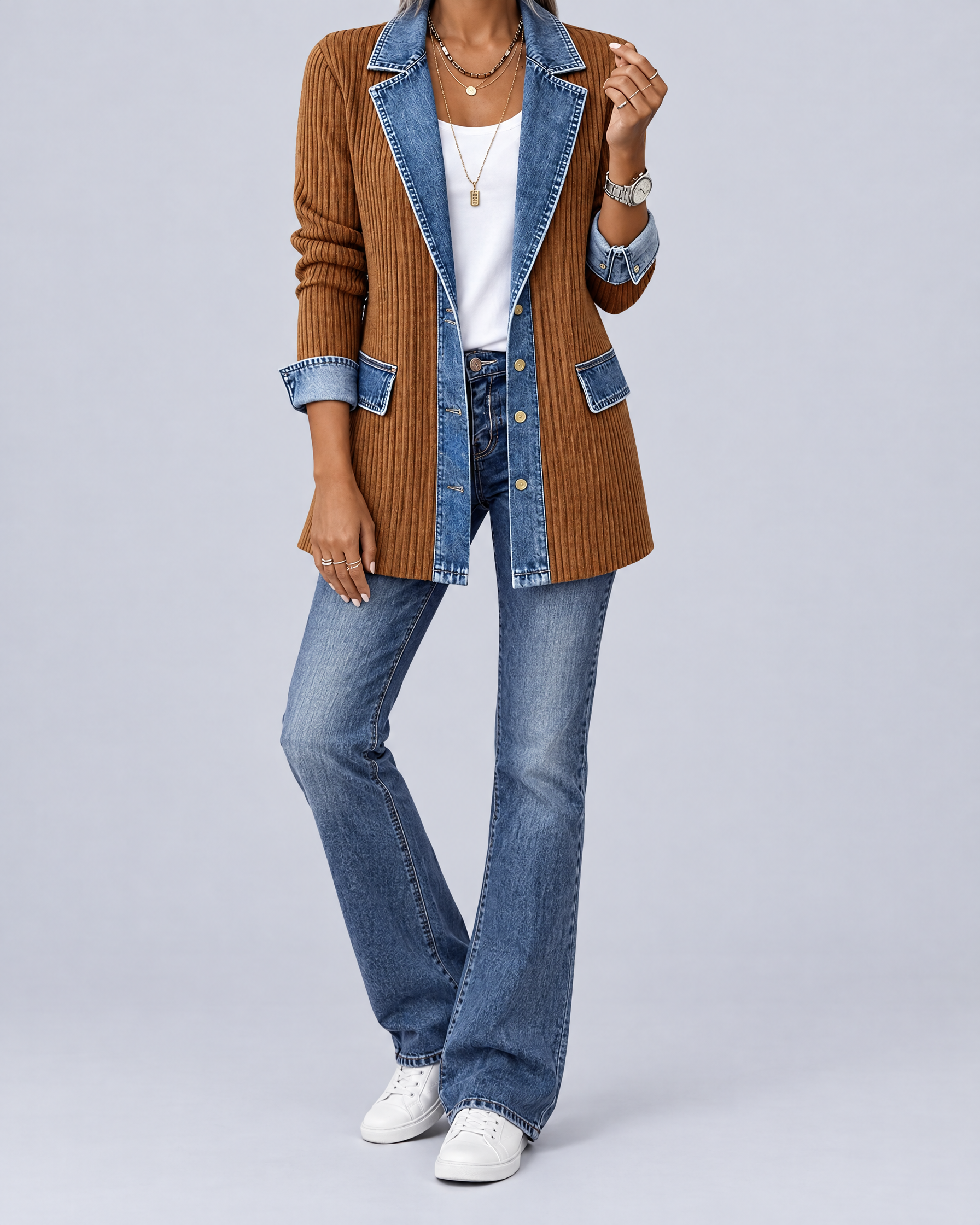 Fleur veste en maille côtelée kaki empiècements denim, look sans visage, fond gris clair studio