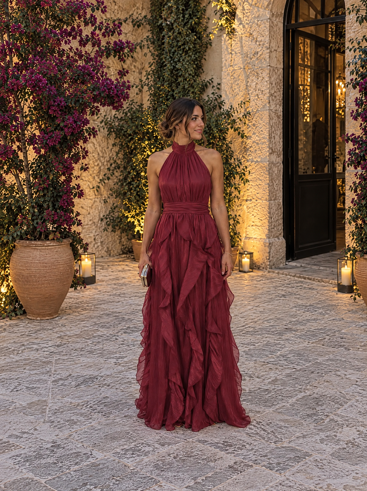 Clémence robe longue de soirée à volants en cascade, coloris bordeaux
