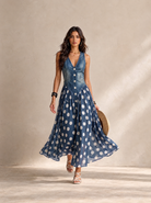 Louise robe longue en denim à pois, coloris bleu