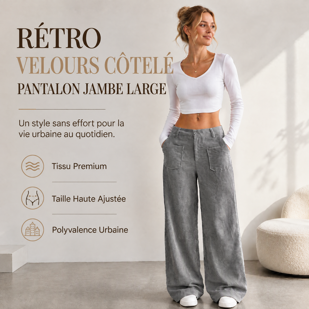 Léonie pantalon large velours côtelé, rétro