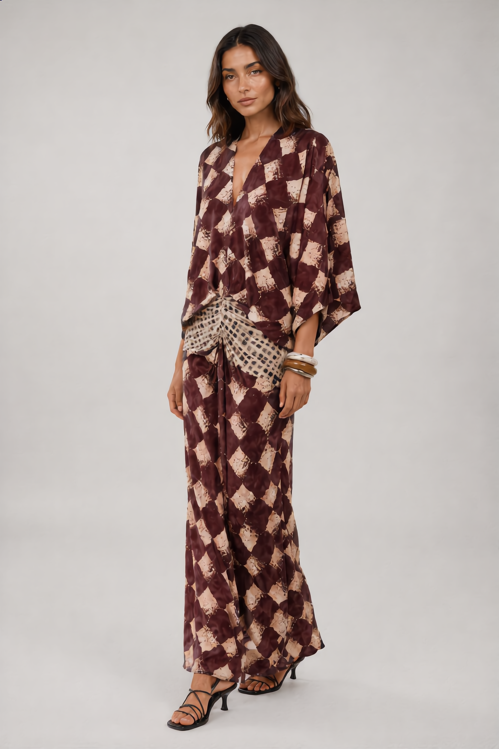 Maelia - robe maxi imprimé mosaïque bordeaux, vue de profil