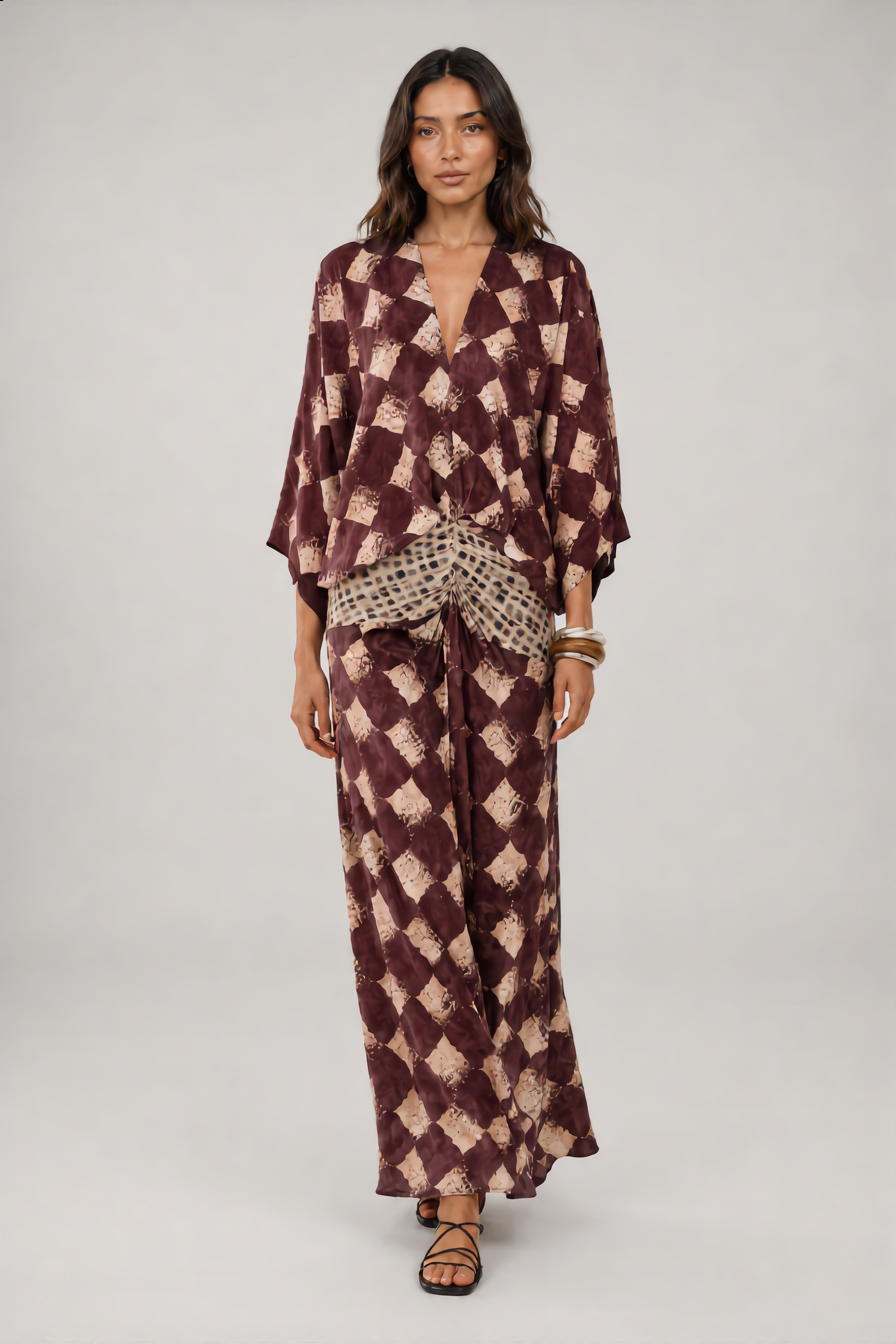 Maelia - robe maxi imprimé mosaïque bordeaux, vue de face