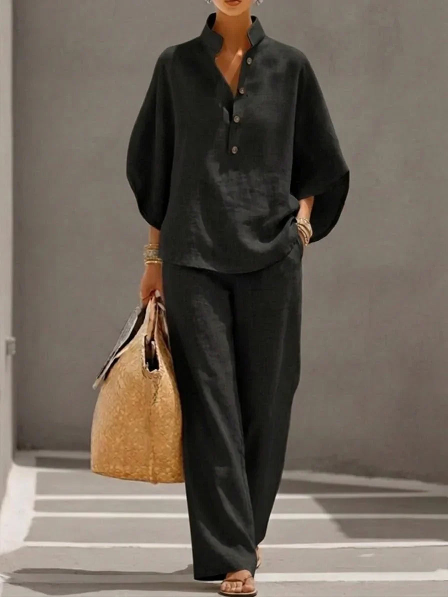 Amara | Ensemble en Lin à Pantalon Large – Noir