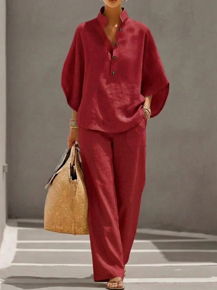 Amara | Ensemble en Lin à Pantalon Large – Rouge