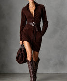 Romy | Robe Midi en Suédine - Marron Foncé